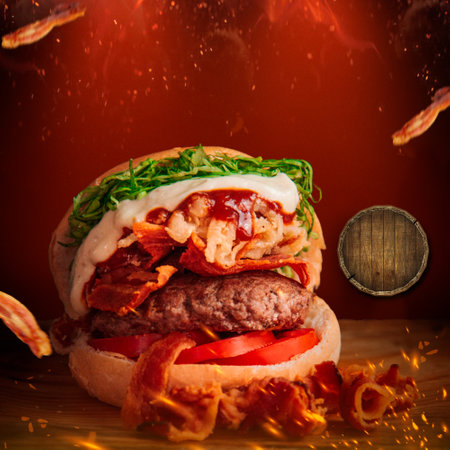 <p>A super hamburger with bacon and with a wooden circle for texts</p><p><br></p>の写真素材