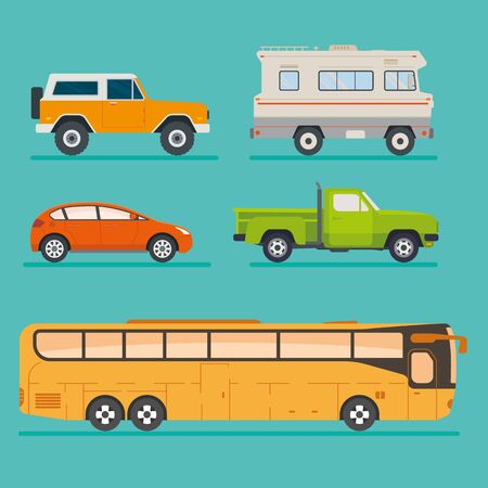 Set of five flat style vehicles suv, van, pickup, hatchback, bus. Colorful cars collection.のイラスト素材