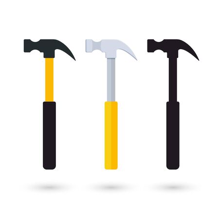 Ordinary claw hammer in three different looks, completely flat without shading, more detailed one and icon representation.のイラスト素材