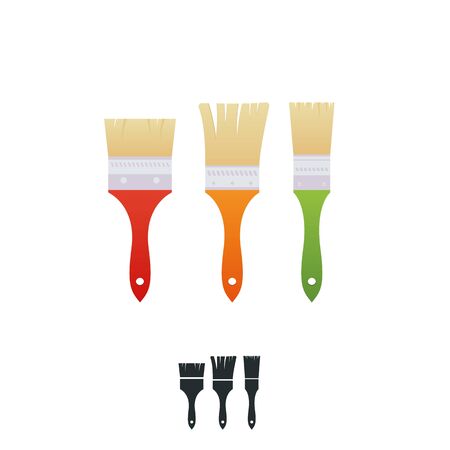 A house painter and decorator brushes with colorful handles. Three paintbrushes isolated on white. Clean unused paint brushes.のイラスト素材