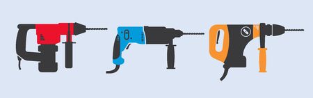 Set of three different hammer drills. Power tool for drilling hard materials. Perforating in construction industry.のイラスト素材