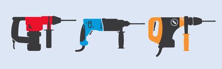 Set of three different hammer drills. Power tool for drilling hard materials. Perforating in construction industry.の素材 [FY310149152852]