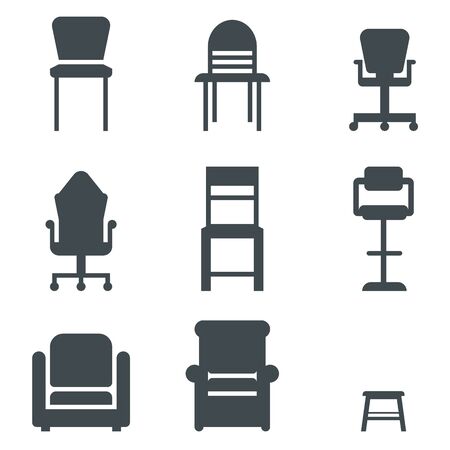 Set of various chairs and arm chairs. Widely known shapes. Gaming, office, kitchen, bar , wooden, soft, comfy types. Casters and glides legs. Front view.のイラスト素材