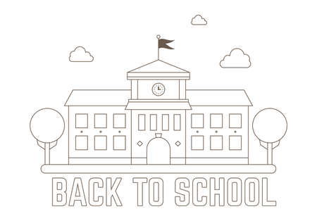School outline stroke vector illustration with trees , clouds and Back to School textのイラスト素材