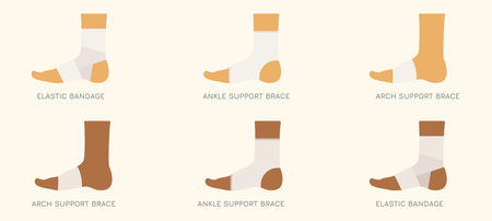 Foot bandage types. Elastic wrap, compression brace, ankle and arch support. Vector medical and...