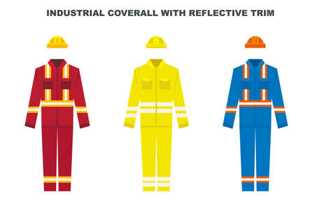 Industrial work wear coverall with reflective trim. Construction worker uniform color types. Vector illustration.のイラスト素材
