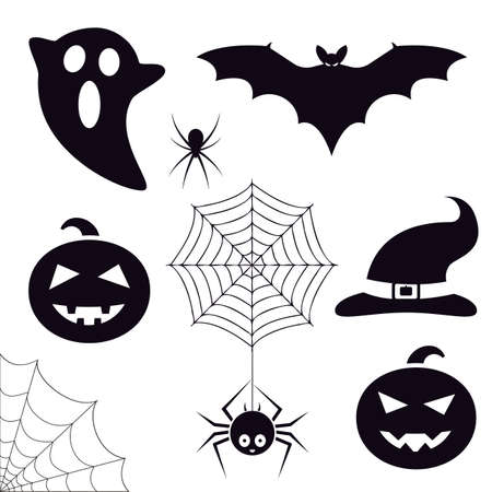 Halloween symbols collection. Trick or treat icons set. Bat, ghost, spiders, pumpkin, cobweb, witch hat. Decoration graphic elements. Vector illustration.のイラスト素材