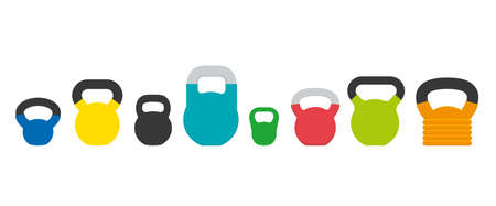 Set of various kettlebells for fitness and weightlifting, ballistic exercises, strength and flexibility training. Sport equipment vector illustrationのイラスト素材