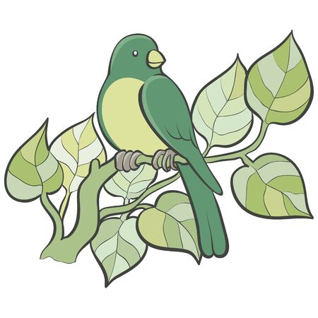 Green Bird sitting on a tree branch with leaves. Vector illustration.のイラスト素材