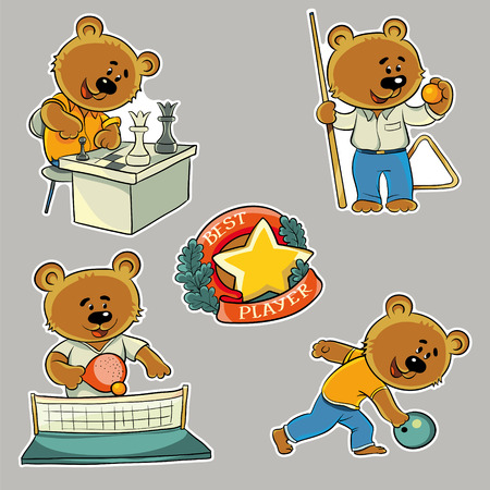 Vector illustration. The character bear. Sports games indoors. Bear plays chess, billiards, bowling and tennis.のイラスト素材