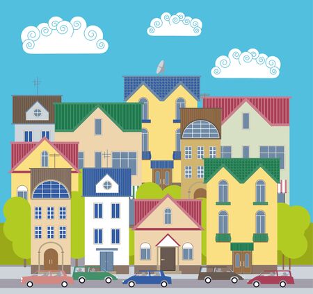 Views of the facades of the houses and the street with car trafficのイラスト素材