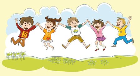 Five happy children holding hands in unison jumped up in the airのイラスト素材