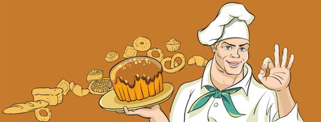 Cute merry Baker holding tray of cake. The background of the images of different pastries.のイラスト素材