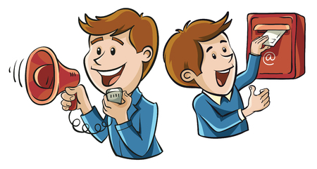 Two of the characters, illustrating the means of communication are mail and speakerphoneのイラスト素材