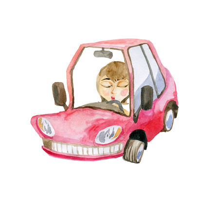 Girl in a cartoon carの写真素材