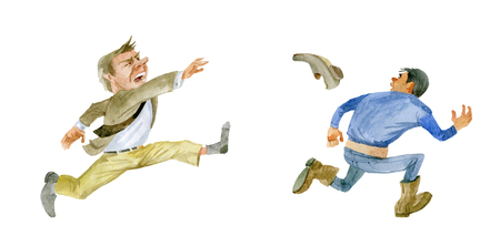 Humor. Angry customer throws Shoe at contractorの写真素材