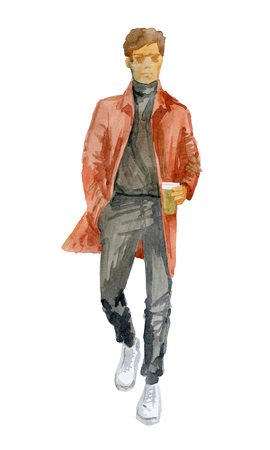 Young man in casual clothes. Comes with coffee in handの写真素材