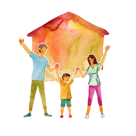 Watercolor illustration of a happy family in front of their homeの写真素材