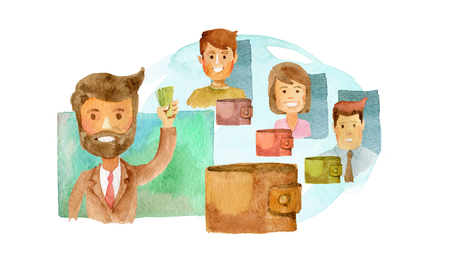 Image of people with wallets. Abstract of the disclosure . Ability to share money from your wallet in your accountの写真素材