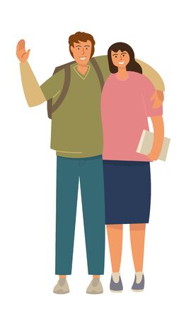 A guy and a girl are students, facing the audience. The guy waves his hand in greeting. Girl holding a book.のイラスト素材