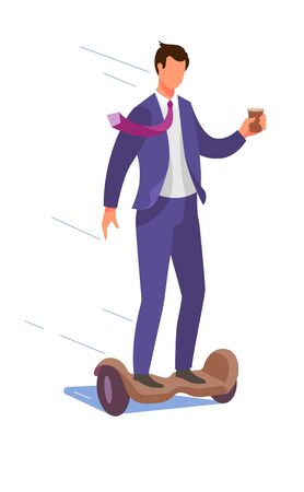 A successful self confident businessman rides a gyro scooter with coffee in handのイラスト素材