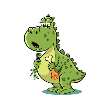 Baby dinosaur with a surprised face. Hes got some food in his pawsのイラスト素材
