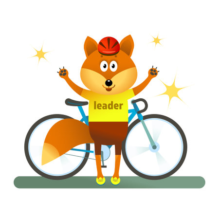 Vector illustration. Happy fox in the leaders yellow jersey. Fox stands with a bicycleのイラスト素材