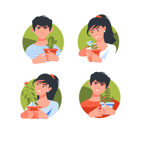 Four icons with people who like to grow indoor plants. A girl and a guy hold pots with indoor plantsのイラスト素材