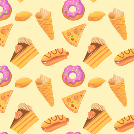 Seamless pattern on the topic of very high-calorie and delicious foodのイラスト素材