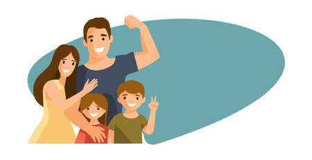 Happy family. Dad shows his biceps. Vector illustratiopnのイラスト素材
