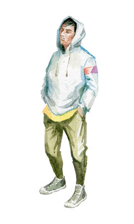 Figures of young people in casual clothes. They go to the viewer. Full-length. Watercolor illustrationの写真素材