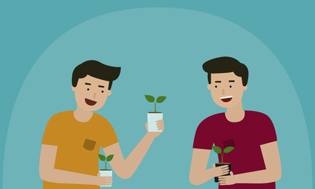 Man holding in hands green small plant in tree pot.のイラスト素材
