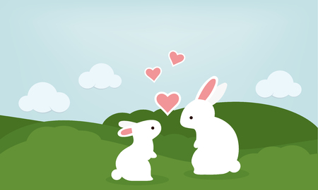 Mom and baby rabbit in green forest.のイラスト素材