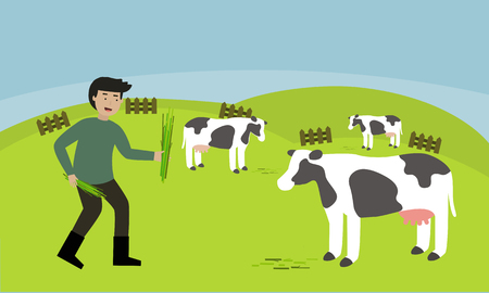 Farmer feeding grass for cows in the natural farm.のイラスト素材