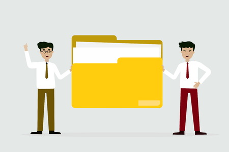 business man and friend with big yellow folder, flat animation designのイラスト素材