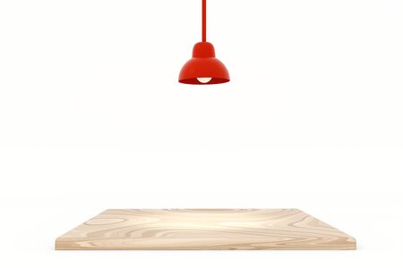 Red lamp with wood top table isolate on white background, 3d illustration.の写真素材