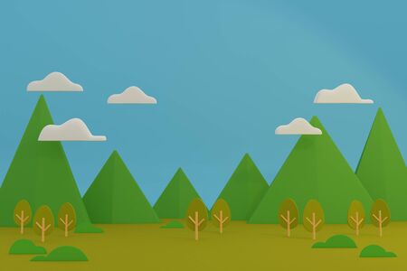 Autumn landscape nature mountains and trees with cloud on the blue sky. 3d illustration nature backgroundの写真素材