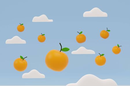Orange Fruits with white cloud float on blue sky, 3d illustration.の写真素材