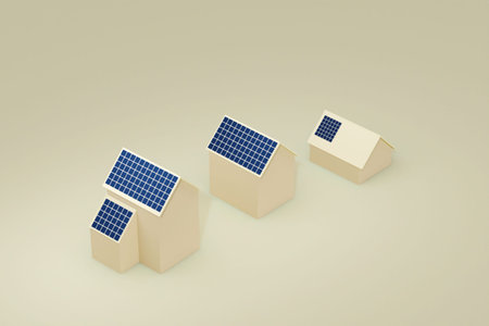Eco Building House With Solar Cell Panel On The Roof , 3d illustration.