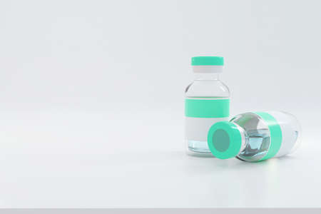 Glass bottle and green label with pharmacy vaccine liquid, 3d rendering.の写真素材