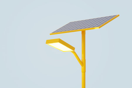 Street Light Pole With Solar Cell Electric Power Saving, 3d illustration.