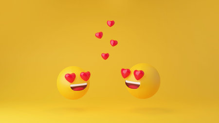 In love emoticon yellow head on yellow studio background. 3d rendering.