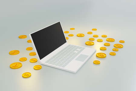 Laptop computer with Bit coin crypto currency money Business wealth finance concept 3d illustrationの写真素材