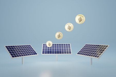 Ethereum coin glow up on solar cell panel,Online money cryptocurrency, 3d illustration
