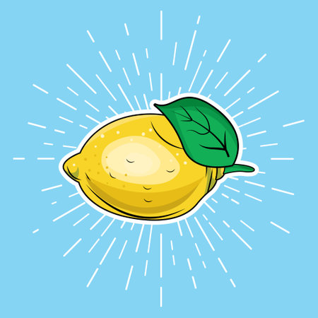 Cartoon lemon with sunburst on blue background. Vector illustration.のイラスト素材