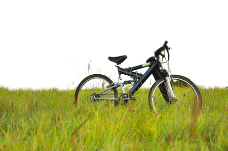 Bicycles in the green pastures on the mountains and white skiesの写真素材