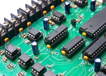 Closeup of electronic circuit board with processor, selective focusの写真素材