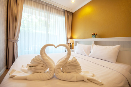 Beautiful bedroom interior and towelsのeditorial素材