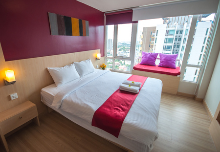 Beautiful bedroom interior and towelsのeditorial素材