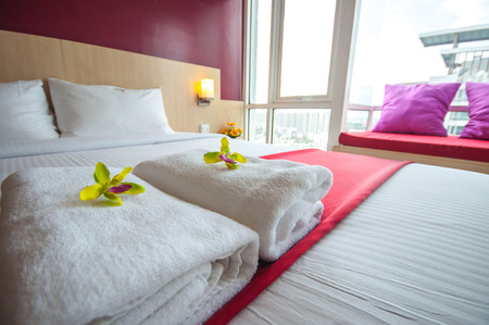 Towels and Beautiful bedroom interiorのeditorial素材